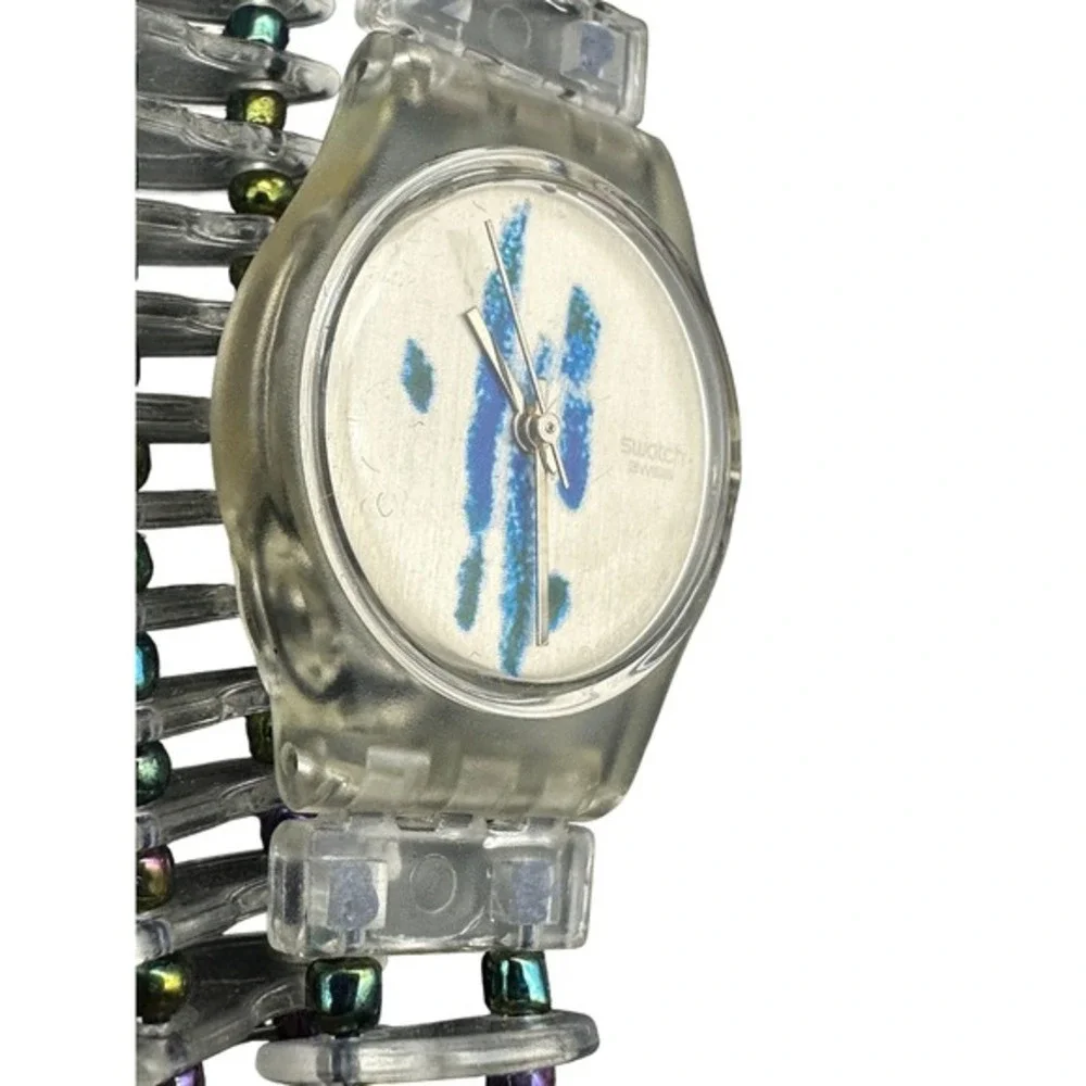 Vintage Swatch Lady Chenille LK129 Watch Y2K Clear Beaded Band Swiss‎ Made KC